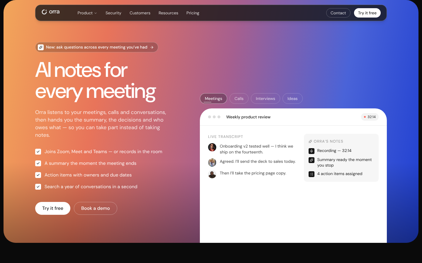 Orra — AI Note Taker — home page